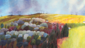 Photograph of a colourful impressionist landscape painting by Debbie Lush – vivid hues playfully capture countryside scene.