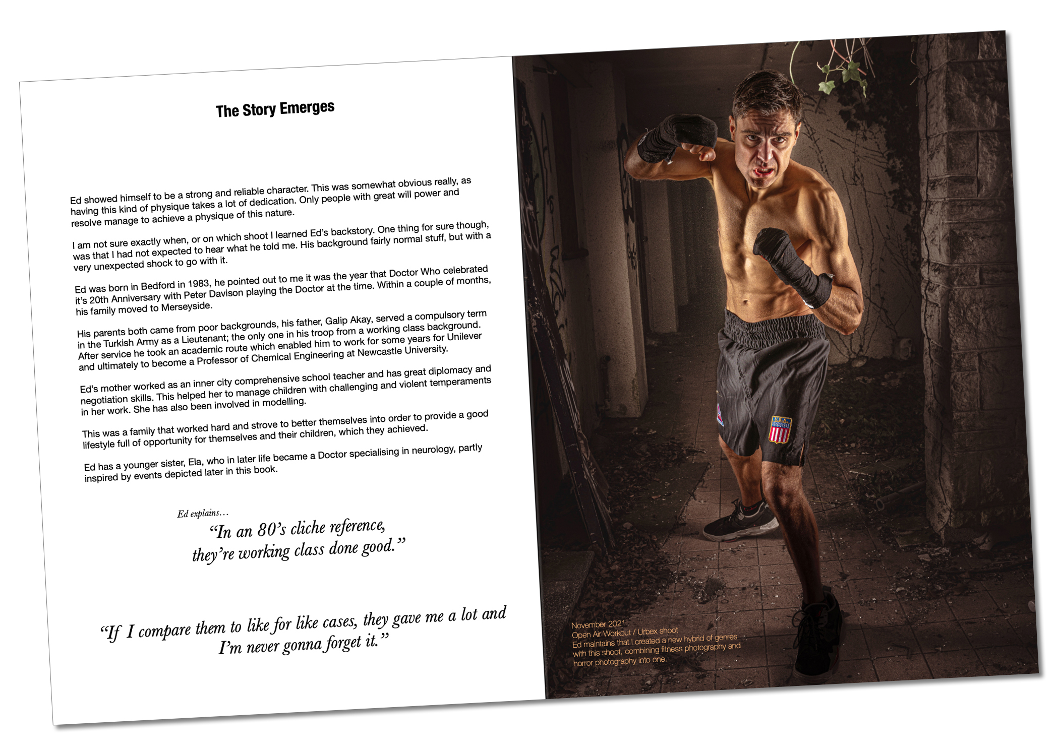 Ed Akay in black boxing trunks, trainers, and hand wraps, poised to throw an upper jab toward the camera in a dimly lit, decaying hallway. Ivy grows along the walls and a broken door leans nearby, while strong lighting highlights Ed’s muscular definition against a subdued, slightly grainy background. Image from November 2021, Open Air Workout / Urbex Shoot, showcasing a hybrid of fitness and horror photography.