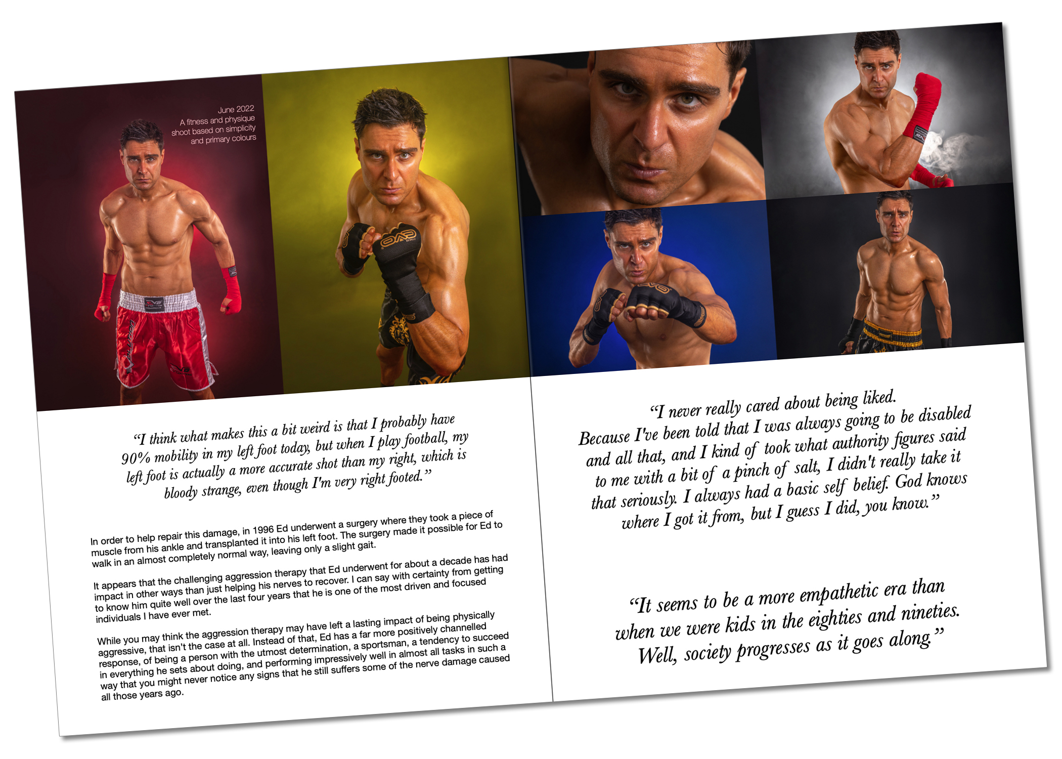 Page 32-33 double-page spread from From Darkness, showing a series of six MMA-inspired fitness and physique shots of Ed Akay. Left page has two portrait images; right page has four landscape images in a square arrangement. Ed wears MMA shorts and gloves, performing stances with fists raised, plus a close-up face shot. Backgrounds include red, yellow, blue, and white smoke, black with a hint of smoke, and a minimal close-up background. Bottom half of spread contains text and quotes from Ed about recovery, self-belief, and resilience.