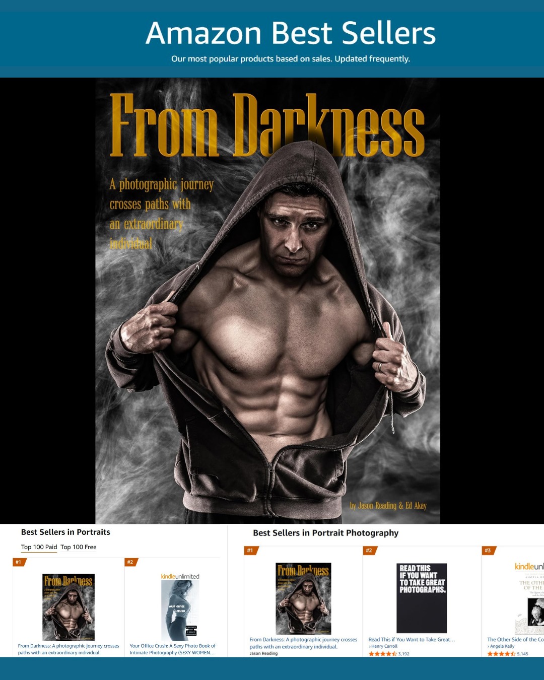 Amazon Best Sellers page showing the book ‘From Darkness’ by Jason Reading and Ed Akay, featuring the full cover image and filmstrip highlighting its #1 ranking in the Portraits and Portrait Photography categories.