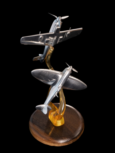 Third perspective of the Battle of Britain 1940 aluminium sculpture, highlighting detailed Supermarine Spitfire and Messerschmitt Bf 109 models.