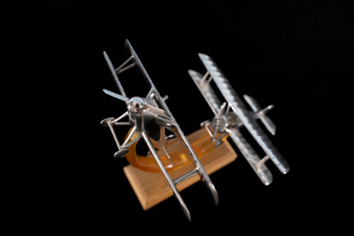 Second view of “Bloody April” WWI aluminium sculpture, featuring Sopwith Pup and Albatros D.III in action.