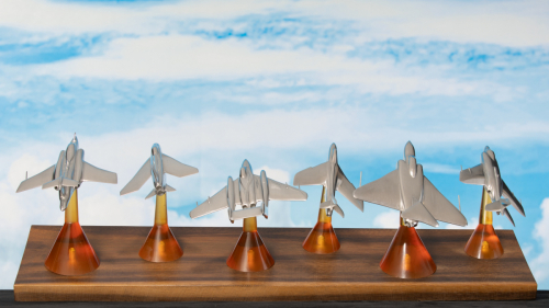 Third view of 1950s–1970s Cold War aluminium sculpture, highlighting detailed Sea Vixen, Lightning, Scimitar, Javelin, Hunter, and Buccaneer jets.