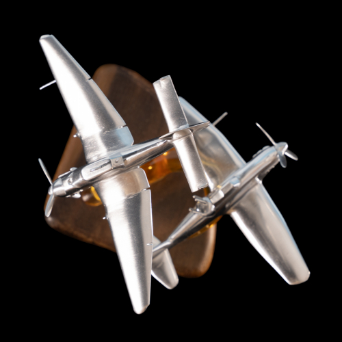 Second angle of Dunkirk 1940 aluminium sculpture, showing Stuka bomber and Defiant fighter aircraft in WWII aerial battle.