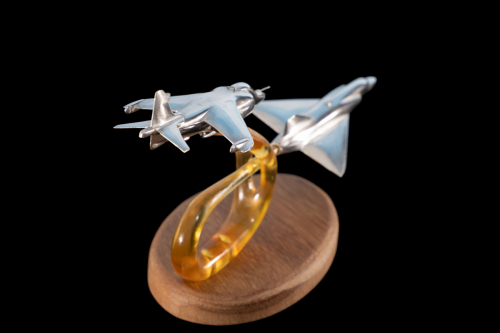 Aluminium sculpture depicting Falklands War 1982 combat, with British Aerospace Sea Harrier and Dassault Mirage III fighter jets.
