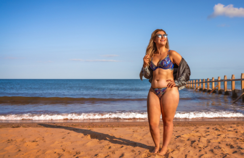 Seaside photoshoot with model in colourful lingerie, Dawlish Warren Beach