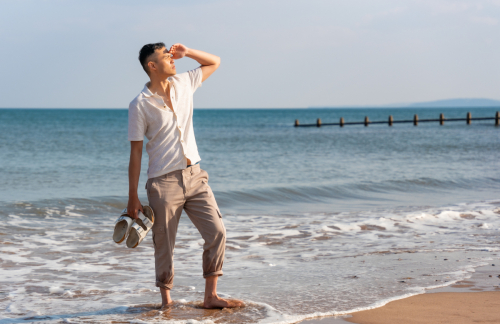 Male fashion model standing at the water’s edge, Dawlish Warren beach