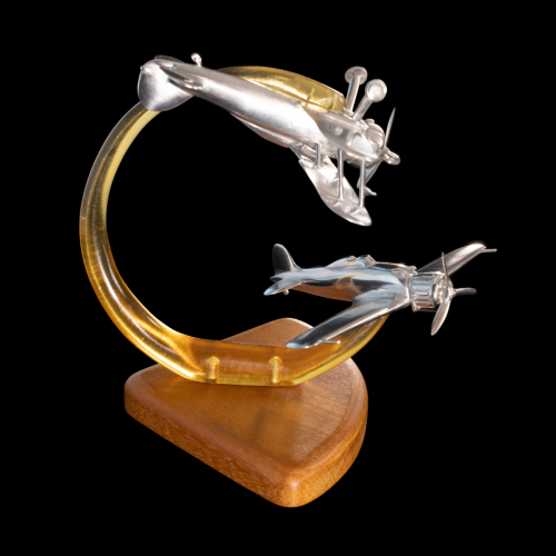 Second angle of Malta 1940 aluminium sculpture showing detailed Gladiator aircraft in combat.