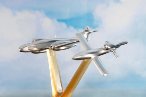 Aluminium sculpture “Operation Diver” 1944 showing Gloster Meteor early jet fighter and V-1 Flying Bomb in WWII context.