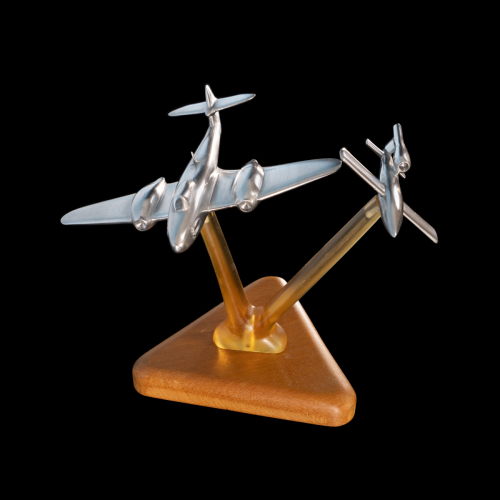 Second perspective of Operation Diver 1944 aluminium sculpture, featuring Gloster Meteor and V-1 Flying Bomb.