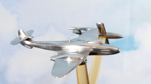 Third view of Operation Diver 1944 aluminium sculpture with Meteor jet fighter and V-1 “Doodlebug”.