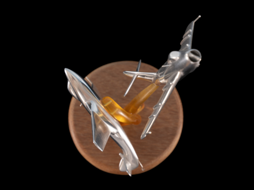 Second angle of Suez Crisis 1956 aluminium sculpture featuring Sea Hawk and MiG-17 fighter aircraft.