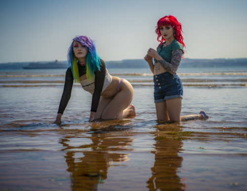 Duo female models in coordinated summer beach outfits, Torquay beach