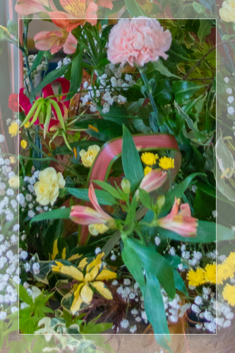 Close-up of wedding flowers with white border detail at Wambrook Church