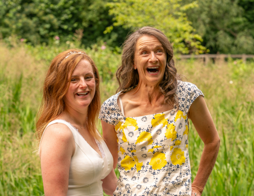 Bride and her mother laughing joyfully at Nine Springs, Yeovil